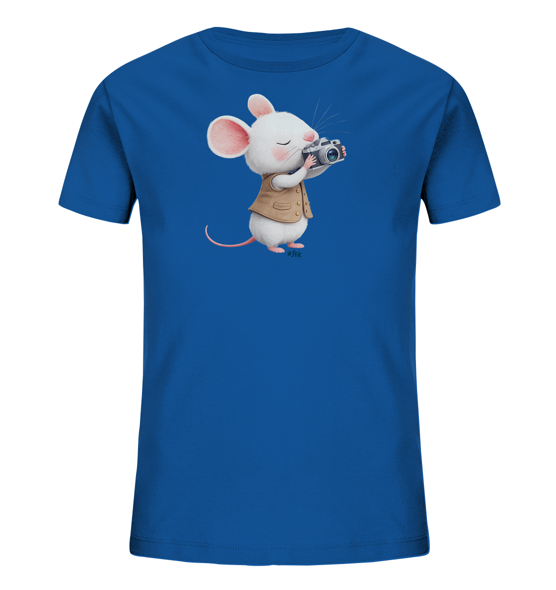 Onlineshop Shirts fuer Kinder - Das blaue T-Shirt zeigt eine niedliche weisse Maus, die eine braune Weste traegt. Die Maus haelt eine Kamera hoch und hat dabei ihre Augen geschlossen, als wuerde sie gerade ein Foto schiessen. Das Design ist verspielt und detailreich, ideal fuer Kinder.