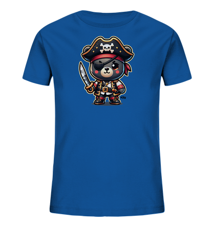 Onlineshop Shirts fuer Kinder - Das Bild zeigt ein blaues T-Shirt fuer Kinder. Auf der Vorderseite ist eine niedliche Illustration eines Baeren im Piratenkostuem zu sehen. Der Baer traegt einen Piratenhut mit Totenkopf, eine Augenklappe und haelt einen Saebel. Das Design ist farbenfroh und hat einen verspielten, abenteuerlichen Charakter.
