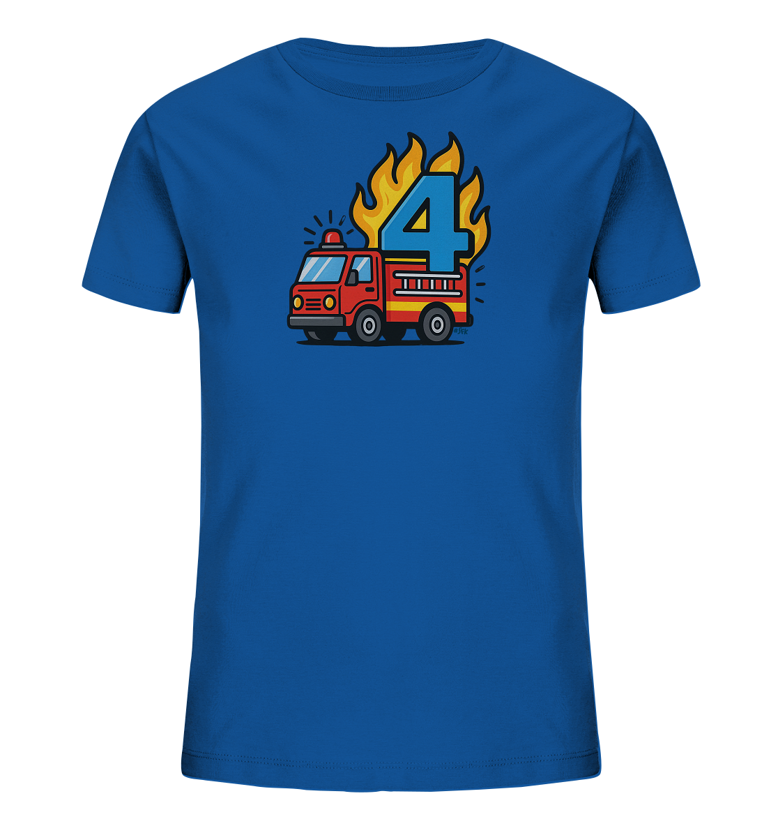 Onlineshop Shirts fuer Kinder - Das Bild zeigt ein blaues T-Shirt mit einem bunten Aufdruck. Zu sehen ist ein rotes Feuerwehrauto, ueber dem eine grosse blaue Zahl 4 mit gelben Flammen platziert ist. Das Design ist kindgerecht und detailreich gezeichnet. Es eignet sich gut fuer kleine Feuerwehr-Fans.