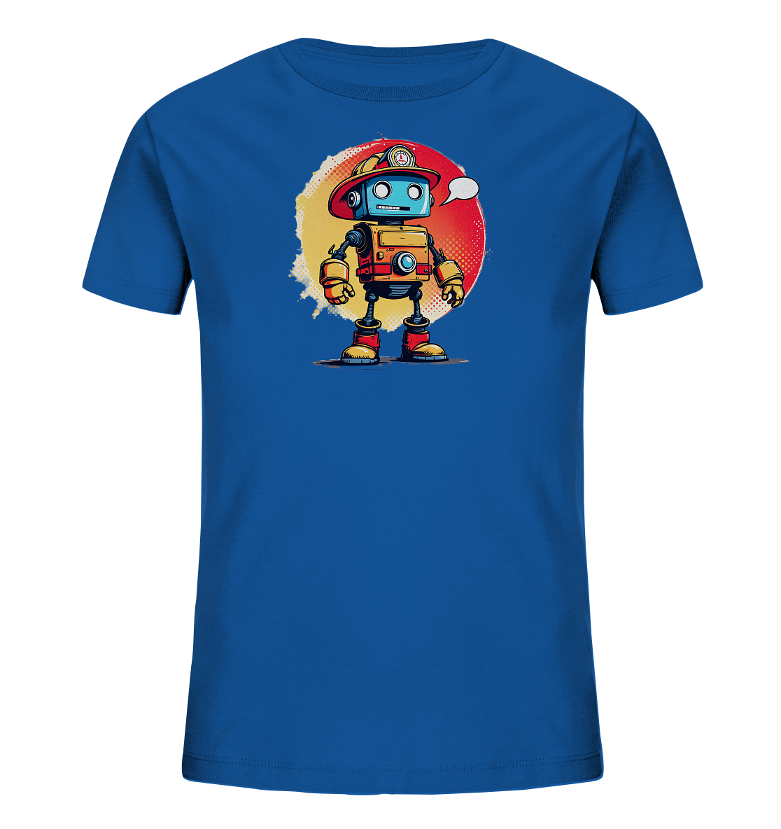Onlineshop Shirts für Kinder - Das Bild zeigt ein blaues Kinder-T-Shirt auf einem schwarzen Hintergrund. Auf der Vorderseite des Shirts ist eine farbenfrohe Grafik eines freundlich aussehenden Roboters zu sehen. Der Roboter trägt einen roten Helm und ist in blauen, orangen und roten Farben gestaltet, mit Details wie Zahnrädern und Knöpfen. Hinter dem Roboter befindet sich eine runde, strukturiert wirkende Form in Gelb und Rot, und über seinem Kopf schwebt eine Sprechblase.
