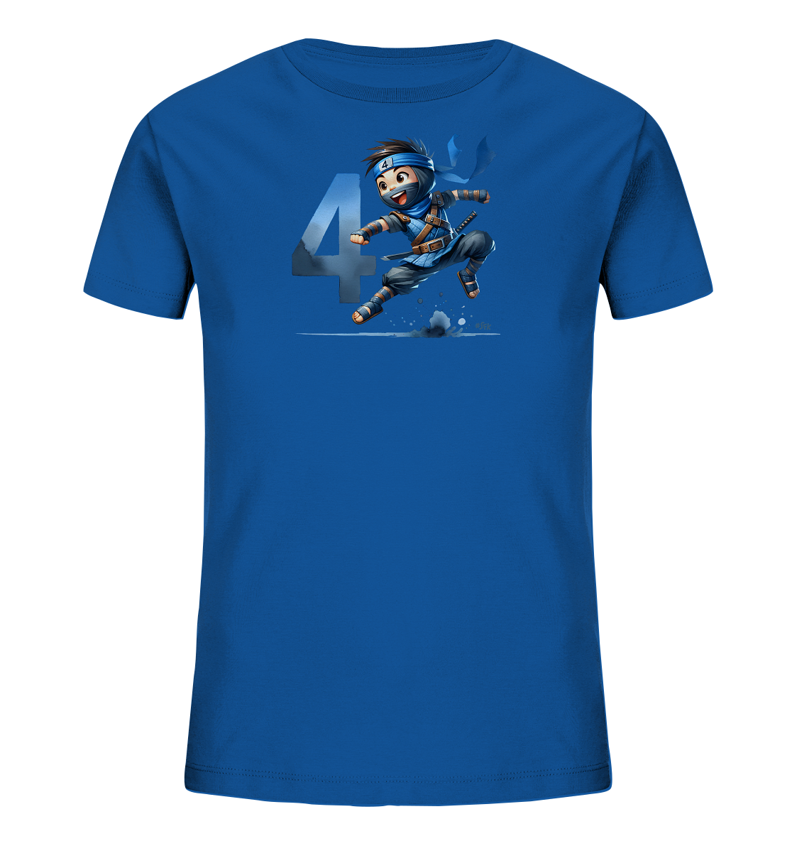 Onlineshop Shirts fuer Kinder - Das Bild zeigt ein leuchtend blaues T-Shirt mit einem aufgedruckten Motiv eines springenden Cartoon-Ninjas. Der Ninja traegt blaue Kleidung und ist in Aktion dargestellt, waehrend er ueber dem Boden schwebt. Hinter dem Charakter ist prominent die grosse Zahl '4' in einem hellgrauen Farbton platziert. Die Illustration ist dynamisch und farbenfroh, was das T-Shirt attraktiv fuer Kinder macht.