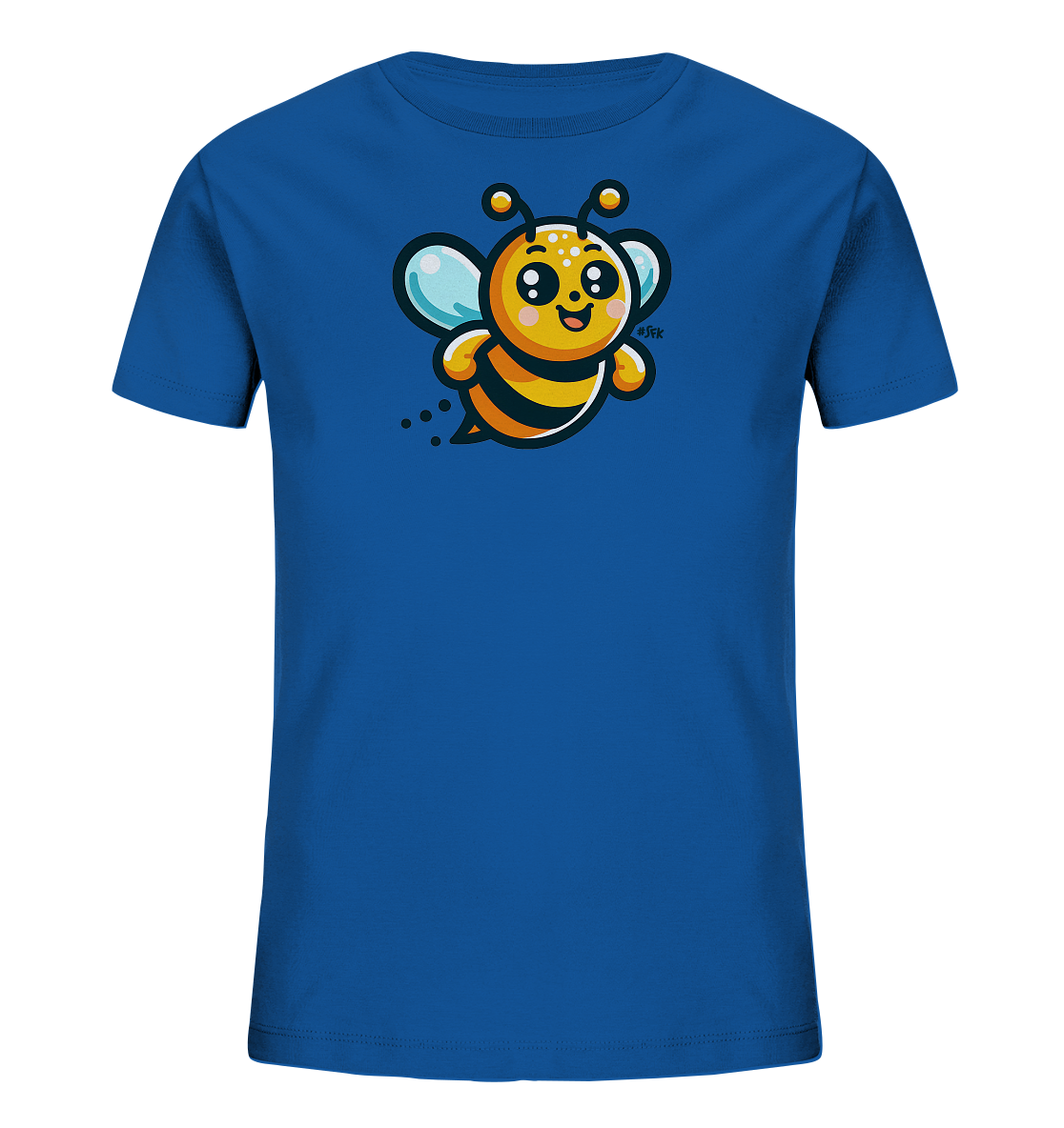 Onlineshop Shirts fuer Kinder - Das Bild zeigt ein blaues T-Shirt fuer Kinder mit einer freundlichen Comic-Biene auf der Vorderseite. Die Biene hat gelb-schwarze Streifen, helle Fluegel und ein laechelndes Gesicht. Sie scheint gerade zu fliegen, was durch die Punkte hinter ihr angedeutet wird. Das Design ist farbenfroh und ansprechend fuer Kinder.