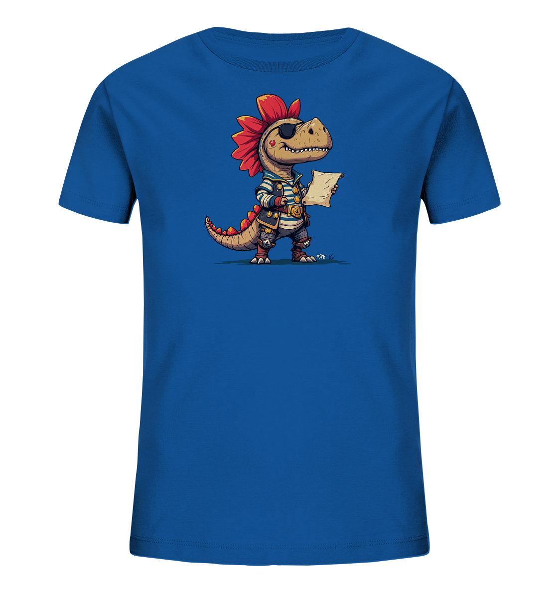 Onlineshop Shirts fuer Kinder - Das Bild zeigt ein blaues Kinder-T-Shirt mit einem aufgedruckten Motiv eines freundlichen Dinosauriers als Pirat. Der Dinosaurier traegt ein gestreiftes Hemd, einen Guertel mit Schnalle, Stiefel, eine Augenklappe und hat einen roten Federschmuck. Er haelt eine aufgerollte Karte oder Schriftrolle in seinen Haenden. Das Design ist detailreich und humorvoll.