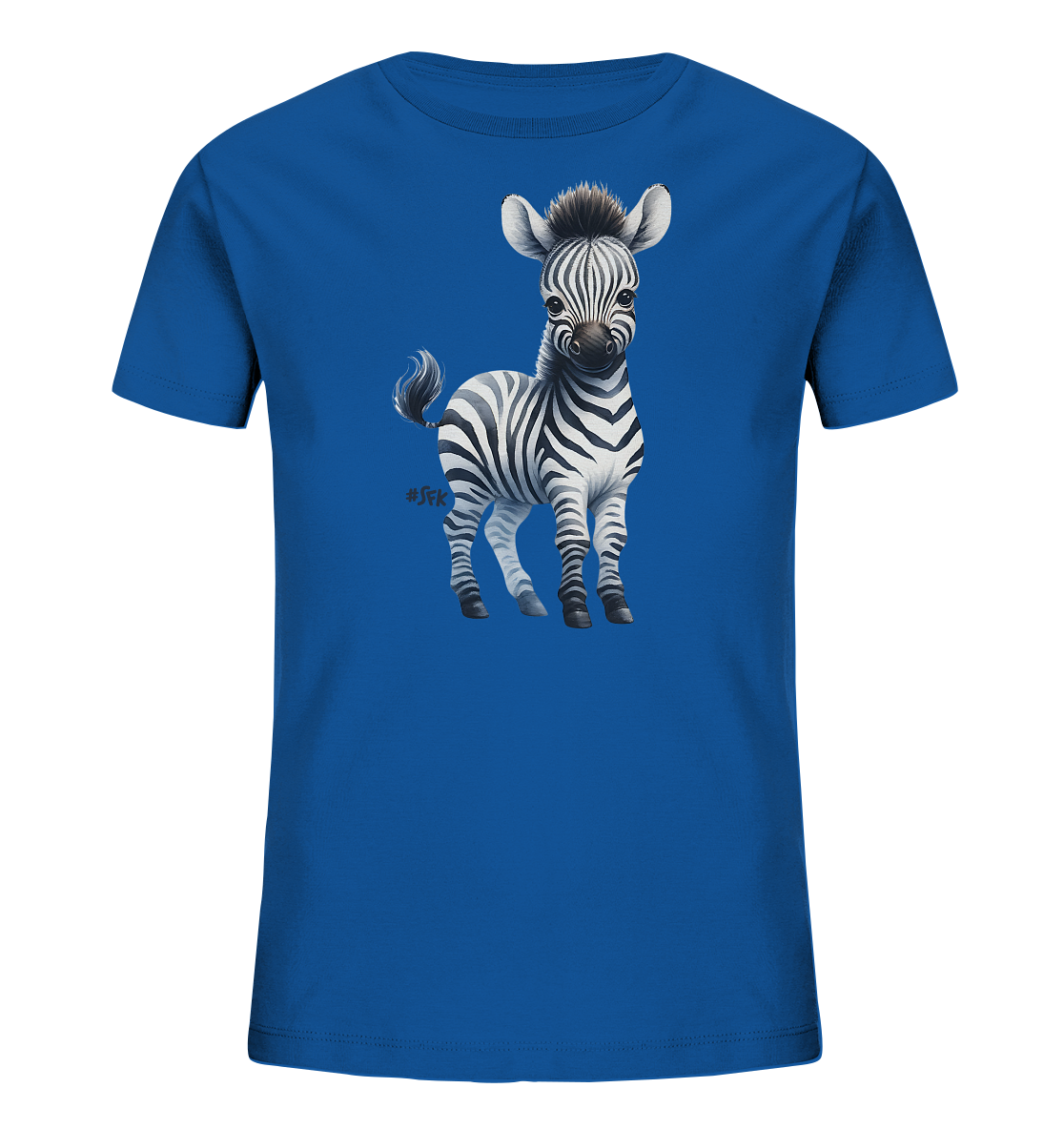 Onlineshop Shirts fuer Kinder - Das Bild zeigt ein leuchtend blaues T-Shirt fuer Kinder. Auf der Vorderseite des Shirts ist die detaillierte Illustration eines niedlichen Babyzebras abgebildet. Das Zebra steht aufrecht und zeigt seine charakteristischen schwarz-weissen Streifen sowie grosse, freundliche Augen. Das Motiv ist kuenstlerisch gestaltet und verleiht dem Shirt einen froehlichen Tier-Look.