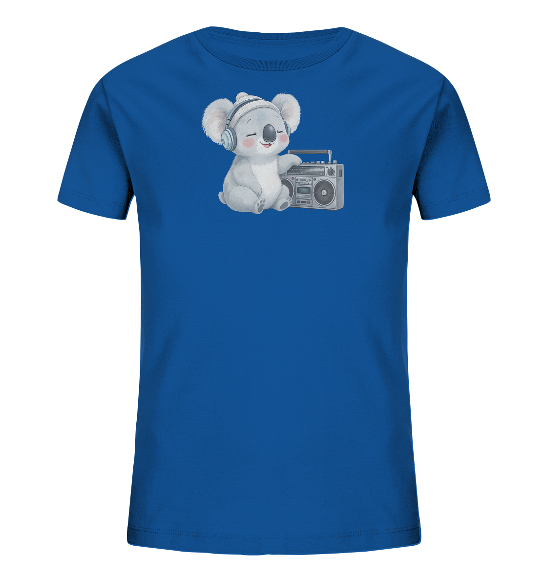 Onlineshop Shirts fuer Kinder - Das Bild zeigt ein leuchtend blaues Kinder-T-Shirt mit einem niedlichen Koala-Motiv auf der Vorderseite. Der Koala traegt Kopfhoerer und eine Muetze und sitzt laechelnd neben einer Retro-Boombox. Das Design wirkt froehlich und verspielt, ideal fuer kleine Musikliebhaber.