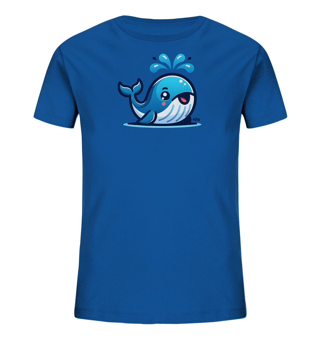 Onlineshop Shirts fuer Kinder - Das Bild praesentiert ein blaues Kinder-T-Shirt mit einem froehlichen Motiv. Auf der Vorderseite ist ein cartoonhafter blauer Wal zu sehen, der Wasser spritzt. Der Wal hat ein freundliches Laecheln und rote Wangen, was ihm ein niedliches Aussehen verleiht. Das Design ist lebendig und ansprechend fuer Kinder.