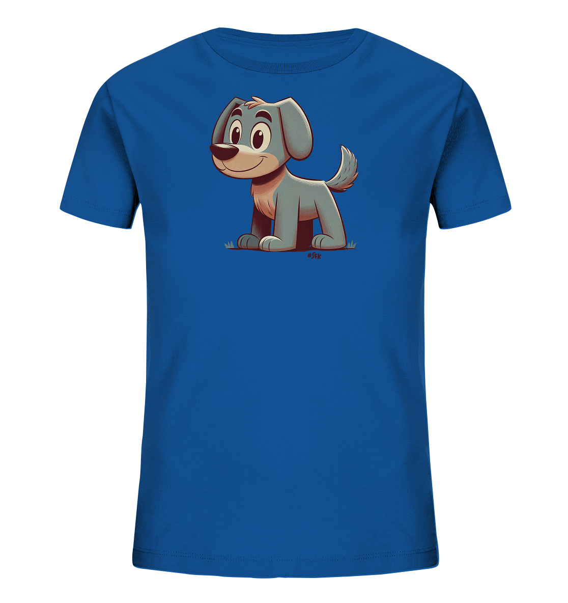 Onlineshop Shirts fuer Kinder - Das Bild zeigt ein leuchtend blaues T-Shirt fuer Kinder mit einer freundlichen Cartoon-Illustration auf der Vorderseite. Die Grafik stellt einen sitzenden, grauen Hund mit grossen Augen und einem Schwanz dar. Der Hund ist auf einer angedeuteten Grasflaeche platziert und laechelt, was dem Design einen verspielten Ausdruck verleiht. Die klaren Linien und freundlichen Farben machen das Motiv ansprechend fuer Kinder.