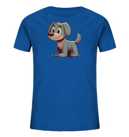 Onlineshop Shirts fuer Kinder - Das Bild zeigt ein leuchtend blaues T-Shirt fuer Kinder mit einer freundlichen Cartoon-Illustration auf der Vorderseite. Die Grafik stellt einen sitzenden, grauen Hund mit grossen Augen und einem Schwanz dar. Der Hund ist auf einer angedeuteten Grasflaeche platziert und laechelt, was dem Design einen verspielten Ausdruck verleiht. Die klaren Linien und freundlichen Farben machen das Motiv ansprechend fuer Kinder.