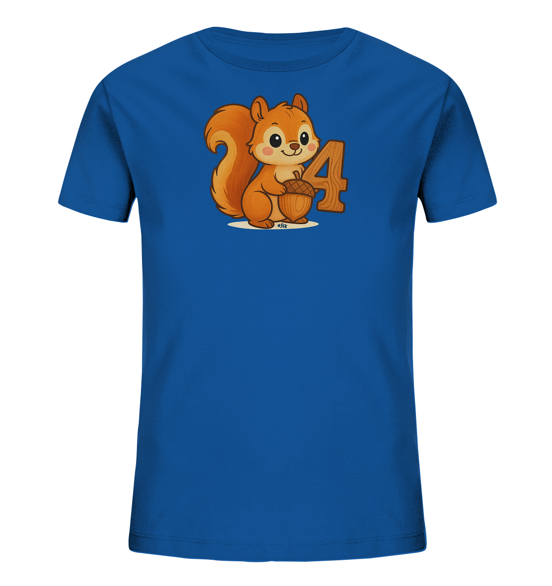 Onlineshop Shirts fuer Kinder - Dieses Bild zeigt ein leuchtend blaues T-Shirt fuer Kinder. Darauf ist ein suesses, cartoonhaftes Eichhoernchen abgebildet, das eine Eichel haelt. Neben dem Eichhoernchen steht die grosse, braune Zahl '4'. Das Design ist verspielt und ansprechend gestaltet.