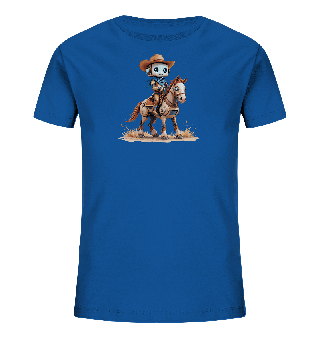 Onlineshop Shirts für Kinder - Das Bild zeigt ein blaues Kinder-T-Shirt mit einem detaillierten Grafikprint auf der Vorderseite. Der Print stellt einen freundlich aussehenden Roboter dar, der als Cowboy verkleidet ist, komplett mit Cowboyhut und Halstuch. Der Roboter reitet auf einem Pferd, das in einer natürlichen Landschaft mit trockenem Gras steht. Die Illustration ist im Comic-Stil gehalten und wirkt ansprechend für Kinder.