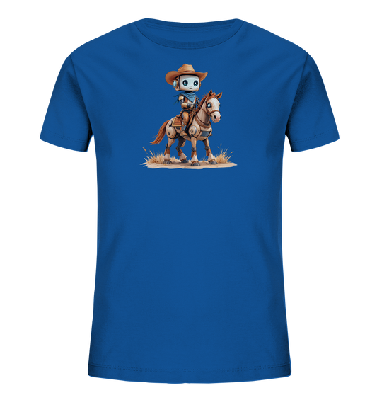 Onlineshop Shirts für Kinder - Das Bild zeigt ein blaues Kinder-T-Shirt mit einem detaillierten Grafikprint auf der Vorderseite. Der Print stellt einen freundlich aussehenden Roboter dar, der als Cowboy verkleidet ist, komplett mit Cowboyhut und Halstuch. Der Roboter reitet auf einem Pferd, das in einer natürlichen Landschaft mit trockenem Gras steht. Die Illustration ist im Comic-Stil gehalten und wirkt ansprechend für Kinder.