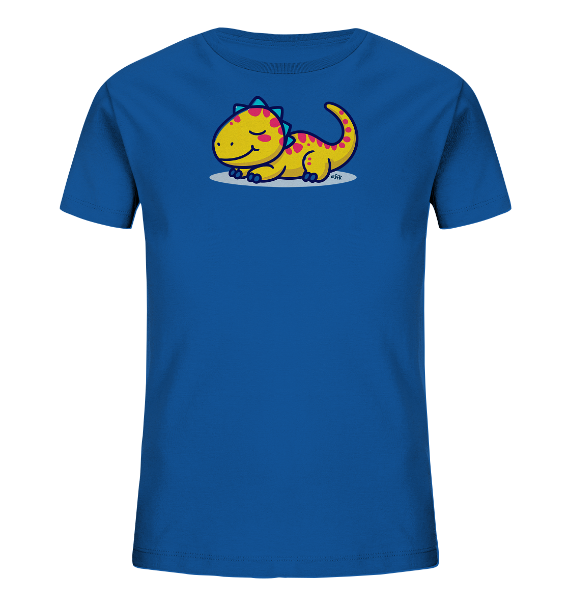 Onlineshop Shirts fuer Kinder - Das Bild zeigt ein koenigsblaues Kinder-T-Shirt mit einem niedlichen gelben Dinosaurier-Motiv auf der Vorderseite. Der Cartoon-Dinosaurier liegt entspannt da, hat rosa Flecken und blaue Zacken auf dem Ruecken und laechelt mit geschlossenen Augen. Das Design ist farbenfroh und vermittelt einen froehlichen, verspielten Eindruck.