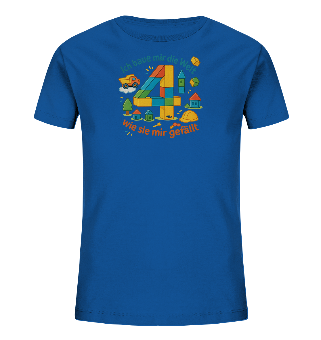 Onlineshop Shirts fuer Kinder - Das Bild zeigt ein leuchtend blaues T-Shirt mit einer farbenfrohen Grafik, die das Thema Bauen aufgreift. Im Zentrum steht die Zahl '4', zusammengesetzt aus bunten Bausteinen. Rundherum sind Illustrationen von Haeusern, einem Lastwagen, Baeumen und einem Bauhelm zu sehen. Der Text 'Ich baue mir die Welt, wie sie mir gefaellt' ergaenzt das kreative Design.