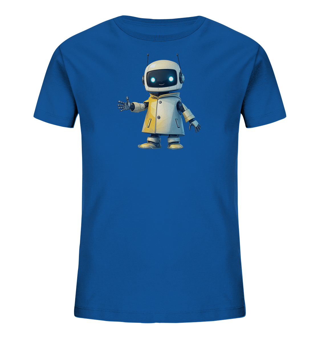 Onlineshop Shirts für Kinder - Das Bild zeigt ein leuchtend blaues Kinder-T-Shirt mit einem prominenten Motiv auf der Vorderseite. Das Motiv stellt einen kleinen, freundlichen Roboter in einer hellen Jacke dar. Der Roboter hat leuchtende blaue Augen, Kopfhörer auf dem Kopf und Antennen. Er steht da und zeigt mit seiner rechten Hand einen Daumen nach oben.