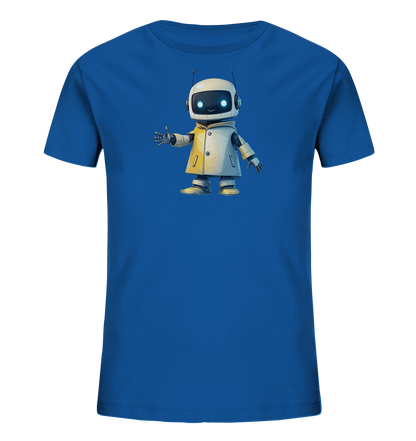 Onlineshop Shirts für Kinder - Das Bild zeigt ein leuchtend blaues Kinder-T-Shirt mit einem prominenten Motiv auf der Vorderseite. Das Motiv stellt einen kleinen, freundlichen Roboter in einer hellen Jacke dar. Der Roboter hat leuchtende blaue Augen, Kopfhörer auf dem Kopf und Antennen. Er steht da und zeigt mit seiner rechten Hand einen Daumen nach oben.