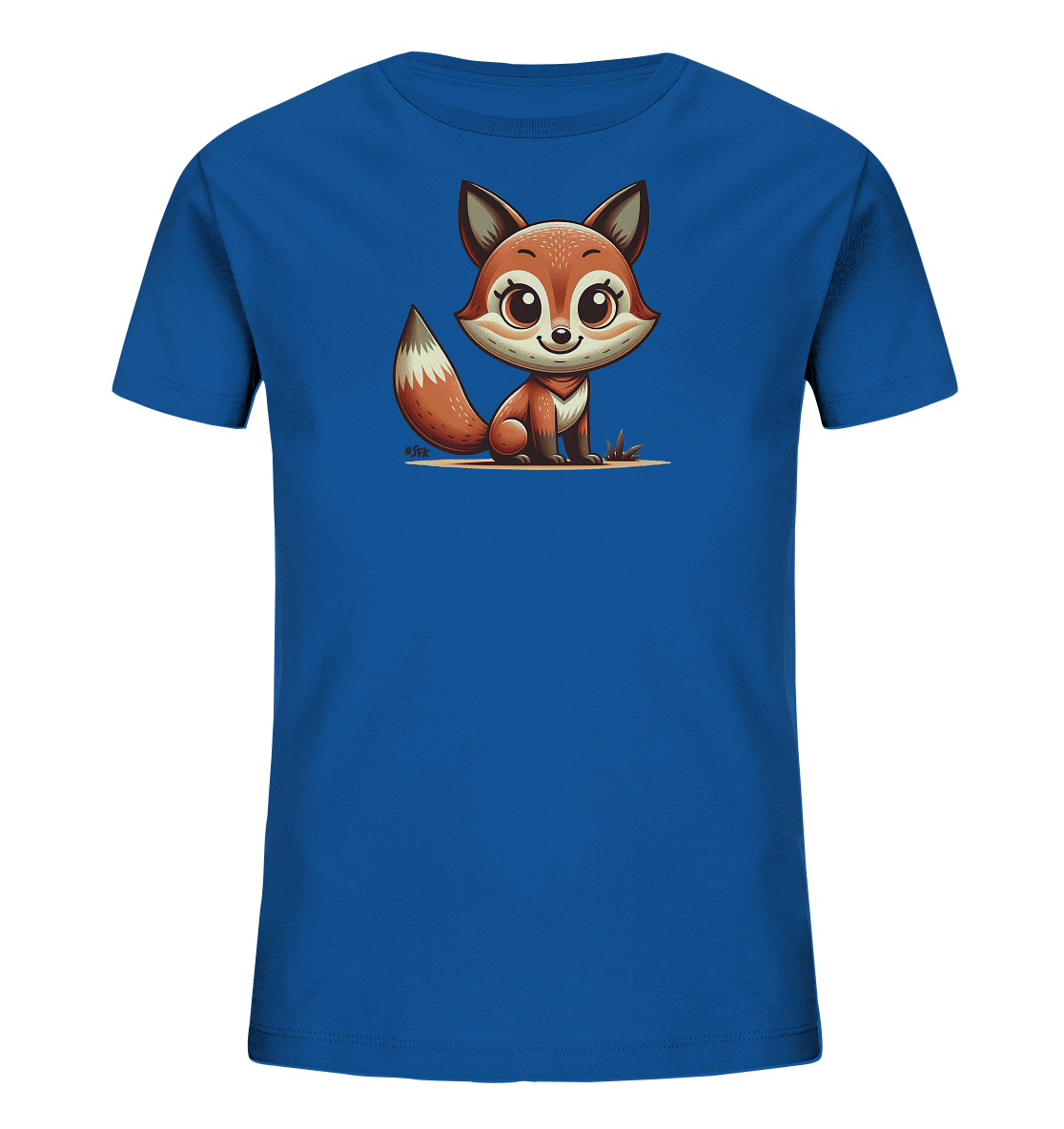 Onlineshop Shirts fuer Kinder - Das Bild zeigt ein blaues Kinder-T-Shirt mit einem niedlichen Fuchsmotiv auf der Vorderseite. Der Cartoon-Fuchs sitzt mit grossen Augen und einem freundlichen Ausdruck. Die Illustration ist detailliert und farbenfroh, passend fuer Kinder. Es ist eine verspielte Darstellung eines Fuchses.