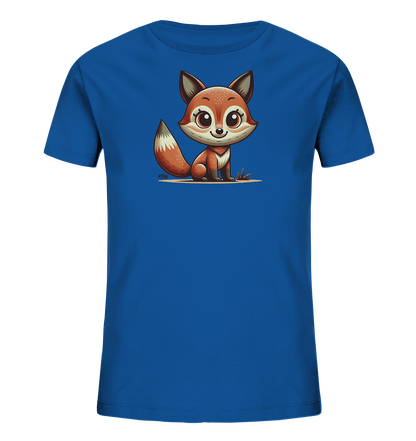 Onlineshop Shirts fuer Kinder - Das Bild zeigt ein blaues Kinder-T-Shirt mit einem niedlichen Fuchsmotiv auf der Vorderseite. Der Cartoon-Fuchs sitzt mit grossen Augen und einem freundlichen Ausdruck. Die Illustration ist detailliert und farbenfroh, passend fuer Kinder. Es ist eine verspielte Darstellung eines Fuchses.