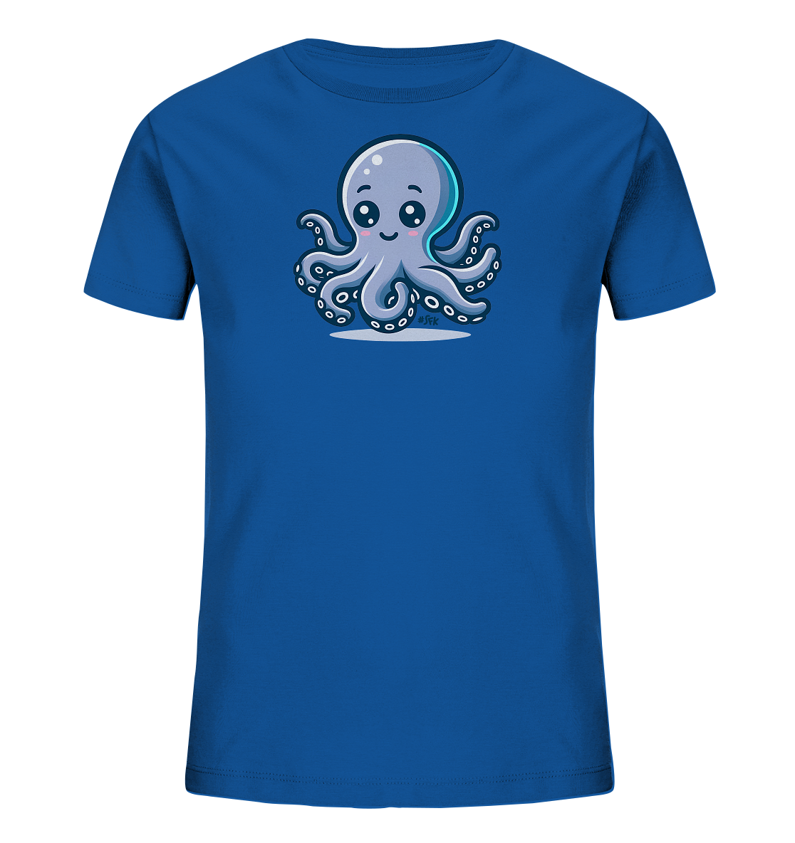 Onlineshop Shirts fuer Kinder - Das Bild zeigt ein koenigsblaues T-Shirt fuer Kinder. Auf der Vorderseite ist eine niedliche Illustration eines hellblauen Oktopus zu sehen. Der Oktopus hat grosse, freundliche Augen und laechelt. Das Motiv ist zentral platziert und verleiht dem Shirt einen verspielten Charakter, ideal fuer kleine Meeresfreunde.