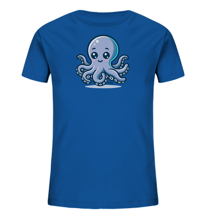 Onlineshop Shirts fuer Kinder - Das Bild zeigt ein koenigsblaues T-Shirt fuer Kinder. Auf der Vorderseite ist eine niedliche Illustration eines hellblauen Oktopus zu sehen. Der Oktopus hat grosse, freundliche Augen und laechelt. Das Motiv ist zentral platziert und verleiht dem Shirt einen verspielten Charakter, ideal fuer kleine Meeresfreunde.