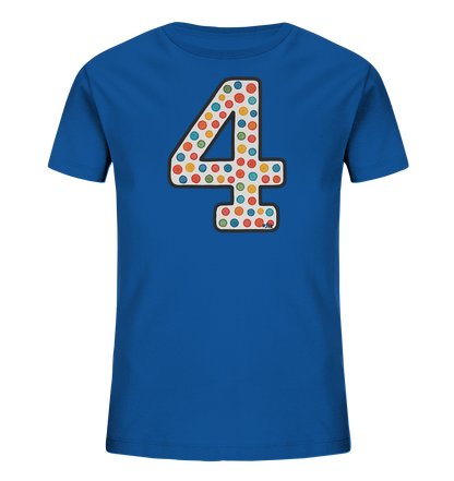 Kinder T-Shirt mit großer Zahl 4, bunten Punkten und dunkler Umrandung