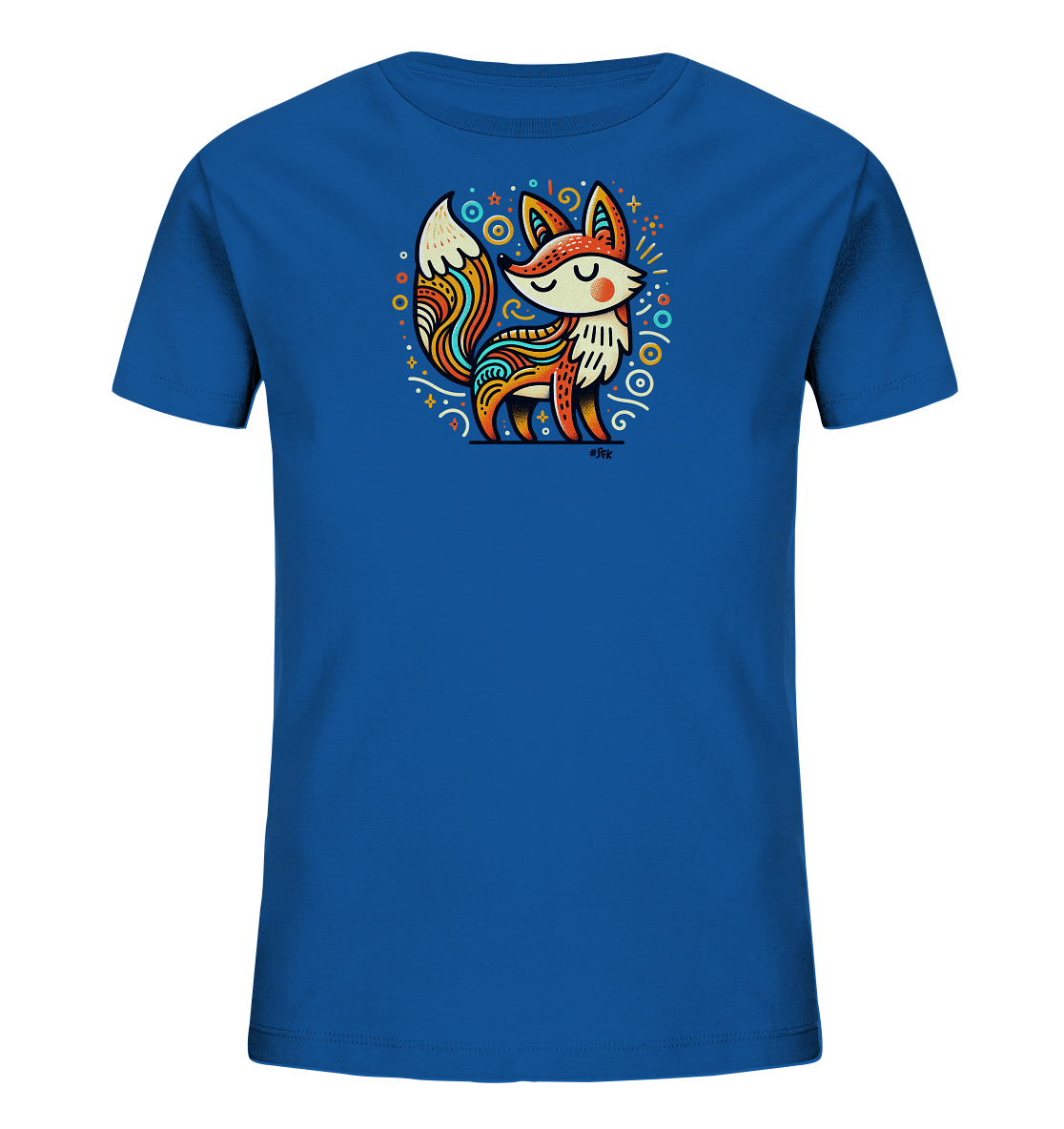 Onlineshop Shirts fuer Kinder - Das Bild zeigt ein blaues Kinder-T-Shirt mit einem farbenfrohen Grafikdruck auf der Vorderseite. Der Druck zeigt einen stilisierten Fuchs mit ornamentalen Mustern in warmen Farbtoenen, umgeben von einem Kreis mit abstrakten Formen und Sternen. Das Design ist detailreich und wirkt froehlich und verspielt. Es ist ein ansprechendes Motiv fuer Kinder.