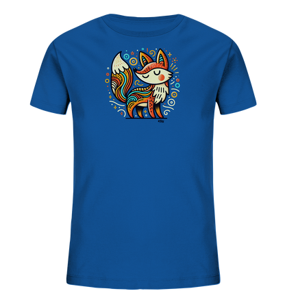 Onlineshop Shirts fuer Kinder - Das Bild zeigt ein blaues Kinder-T-Shirt mit einem farbenfrohen Grafikdruck auf der Vorderseite. Der Druck zeigt einen stilisierten Fuchs mit ornamentalen Mustern in warmen Farbtoenen, umgeben von einem Kreis mit abstrakten Formen und Sternen. Das Design ist detailreich und wirkt froehlich und verspielt. Es ist ein ansprechendes Motiv fuer Kinder.