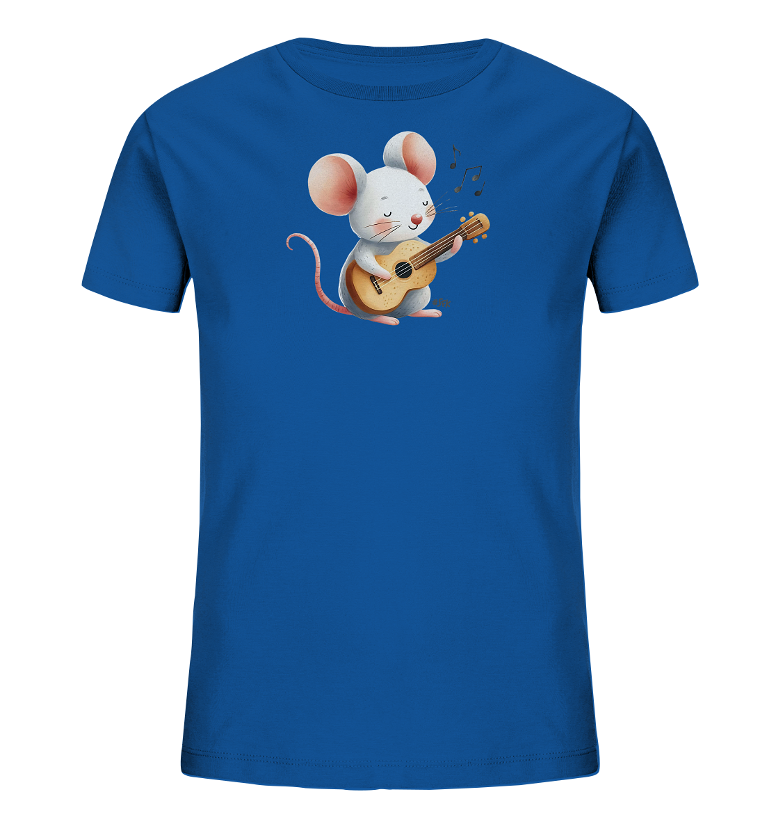 Onlineshop Shirts für Kinder - Das Bild zeigt ein leuchtend blaues Kinder-T-Shirt mit einem niedlichen Aufdruck. Zu sehen ist eine weiße Cartoon-Maus, die aufrecht sitzt und eine kleine Ukulele spielt. Über der Maus schweben musikalische Noten, was das Bild einer fröhlichen Melodie vermittelt. Das Design wirkt verspielt und musikalisch.
