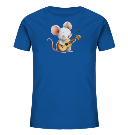 Onlineshop Shirts für Kinder - Das Bild zeigt ein leuchtend blaues Kinder-T-Shirt mit einem niedlichen Aufdruck. Zu sehen ist eine weiße Cartoon-Maus, die aufrecht sitzt und eine kleine Ukulele spielt. Über der Maus schweben musikalische Noten, was das Bild einer fröhlichen Melodie vermittelt. Das Design wirkt verspielt und musikalisch.