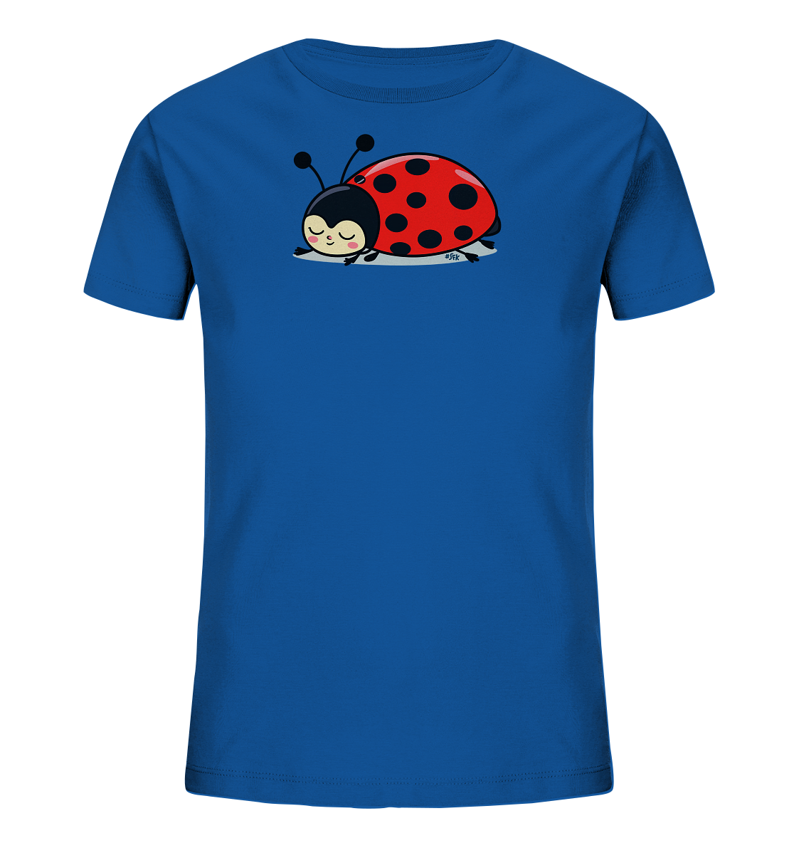 Onlineshop Shirts fuer Kinder - Das Bild zeigt ein leuchtend blaues Kinder-T-Shirt. Auf der Vorderseite ist ein niedlicher, stilisierter Marienkaefer mit rotem Koerper und schwarzen Punkten abgebildet. Der Marienkaefer ruht mit geschlossenen Augen auf einem hellgrauen Untergrund und strahlt Ruhe aus. Das verspielte Motiv verleiht dem Shirt einen liebenswerten Charakter.