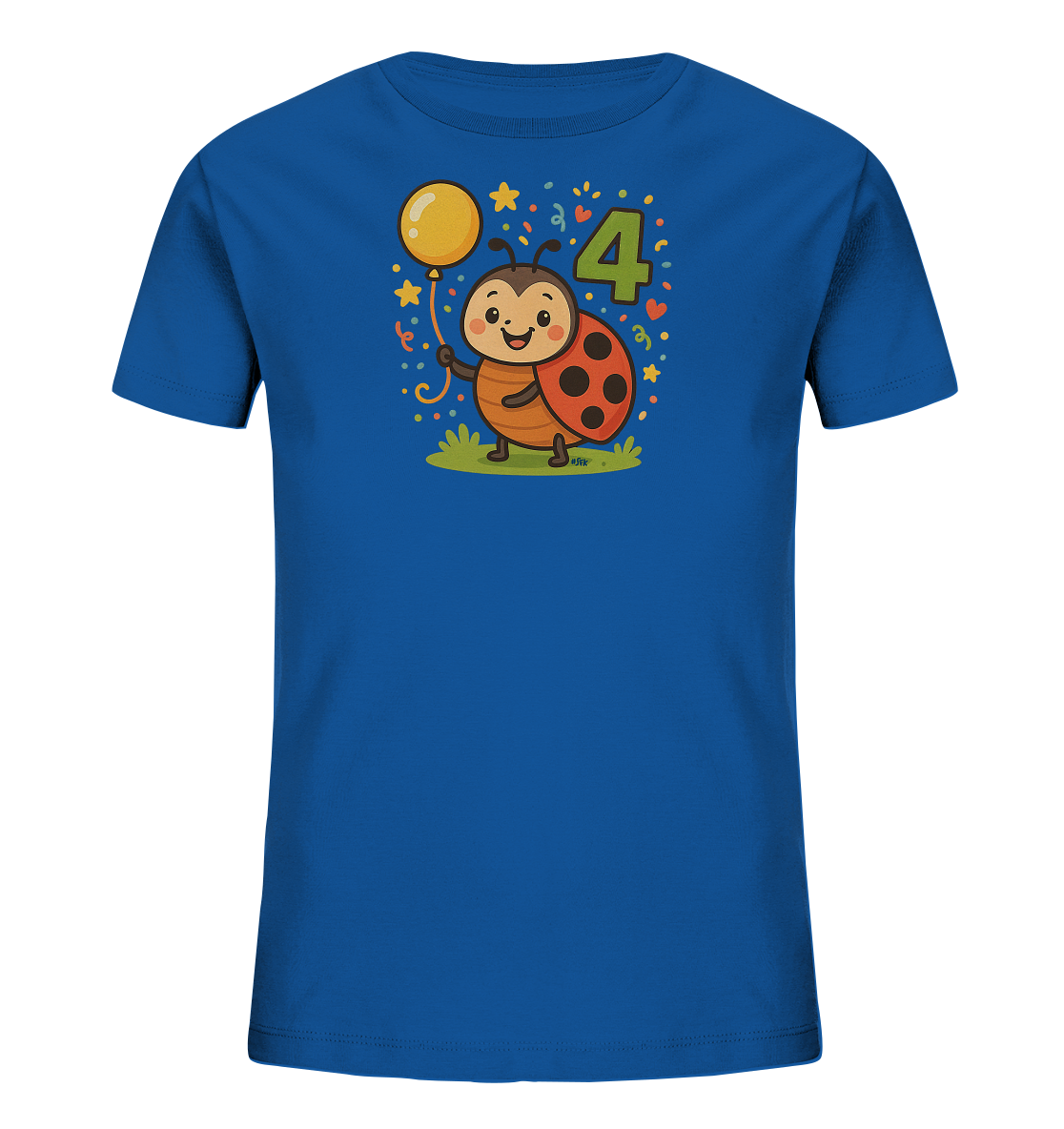 Onlineshop Shirts fuer Kinder - Dieses blaue Kinder T-Shirt zeigt eine freundliche Cartoon-Marienkaefer-Grafik. Der Marienkaefer haelt einen gelben Ballon neben einer grossen, gruenen Zahl '4'. Das Design ist von Sternen, Konfetti und Herzen umgeben und steht auf einer kleinen Grasflaeche. Es ist ein farbenfrohes und froehliches Motiv fuer Kinder.