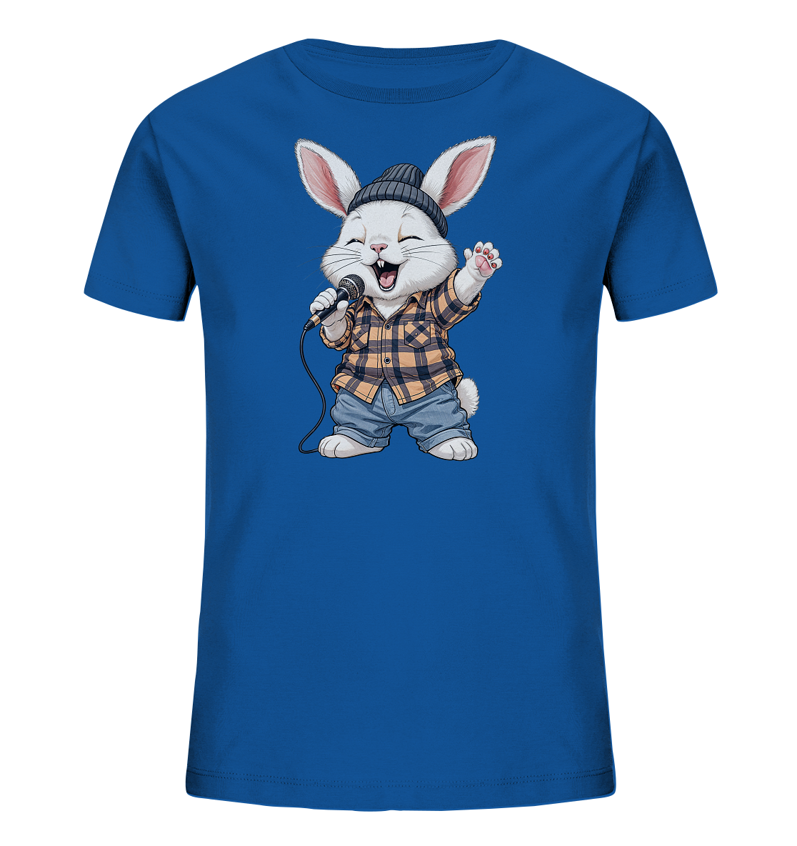 Onlineshop Shirts fuer Kinder - Das Bild zeigt ein leuchtend blaues Kinder-T-Shirt mit einem niedlichen Hasenmotiv auf der Vorderseite. Der Hase traegt ein kariertes Hemd, Jeansshorts und eine Muetze, waehrend er in ein Mikrofon singt. Seine Mimik drueckt Freude aus, mit geschlossenen Augen und einem geoeffneten Mund. Das Design wirkt verspielt und dynamisch, ideal fuer junge Musikfans.