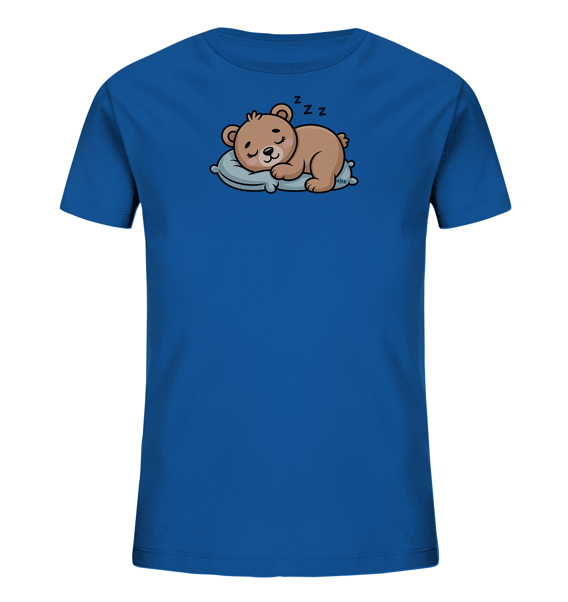 Onlineshop Shirts fuer Kinder - Das Bild zeigt ein koenigsblaues Kinder-T-Shirt mit einem niedlichen Aufdruck eines schlafenden Baeren. Der braune Cartoon-Baer liegt friedlich auf einem hellblauen Kissen, die Augen geschlossen und ein leichtes Laecheln im Gesicht, begleitet von 'Z Z Z'-Symbolen. Das Design ist verspielt und vermittelt eine beruhigende Atmosphaere, ideal fuer kleine Schlafmuetzen.