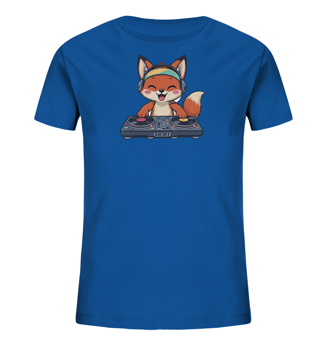 Onlineshop Shirts fuer Kinder - Das blaue T-Shirt zeigt einen niedlichen Cartoon-Fuchs mit Kopfhoerern. Der Fuchs sitzt froehlich laechelnd hinter einem DJ-Mischpult mit zwei Plattenspielern. Das Design wirkt verspielt und faengt die Freude an Musik ein, ideal fuer Kinder.