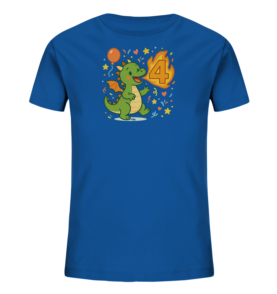 Onlineshop Shirts fuer Kinder - Das Bild zeigt ein blaues Kinder-T-Shirt mit einem farbenfrohen Motiv auf der Vorderseite. Darauf ist ein gruener Cartoon-Drache zu sehen, der Feuer spuckt. Das Feuer formt dabei die leuchtende Zahl '4', umgeben von festlichen Elementen wie einem Ballon, Sternen und Konfetti. Das Design wirkt froehlich und verspielt.