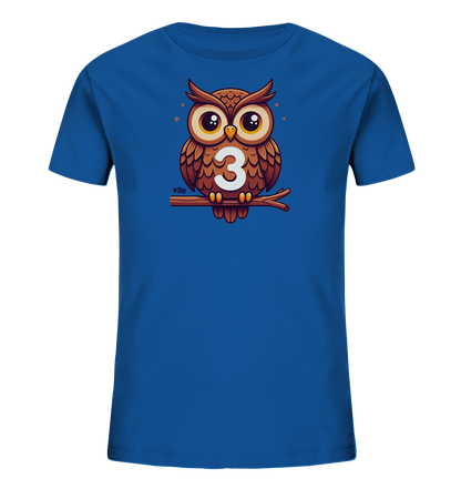 Kinder T-Shirt mit Cartoon-Eule auf Ast, großen Augen und Zahl 3