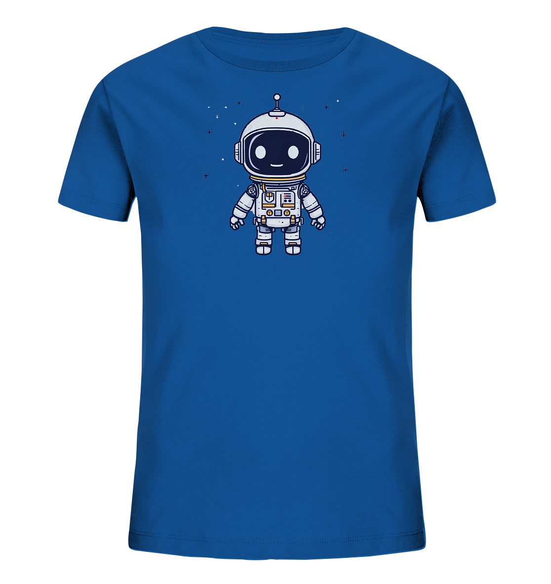 Onlineshop Shirts für Kinder - Das Bild zeigt ein blaues Kinder-T-Shirt mit einem charmanten Aufdruck auf der Vorderseite. Das Motiv stellt einen stilisierten, freundlich lächelnden Roboter in einem Astronautenanzug dar. Der Roboter ist in Weiß, Grau, Gelb und Schwarz gehalten und scheint im Weltraum zu schweben, angedeutet durch kleine Sterne im Hintergrund. Das Design ist detailliert und kindgerecht gestaltet und verleiht dem Shirt eine verspielte Note, perfekt für kleine Weltraum-Fans.