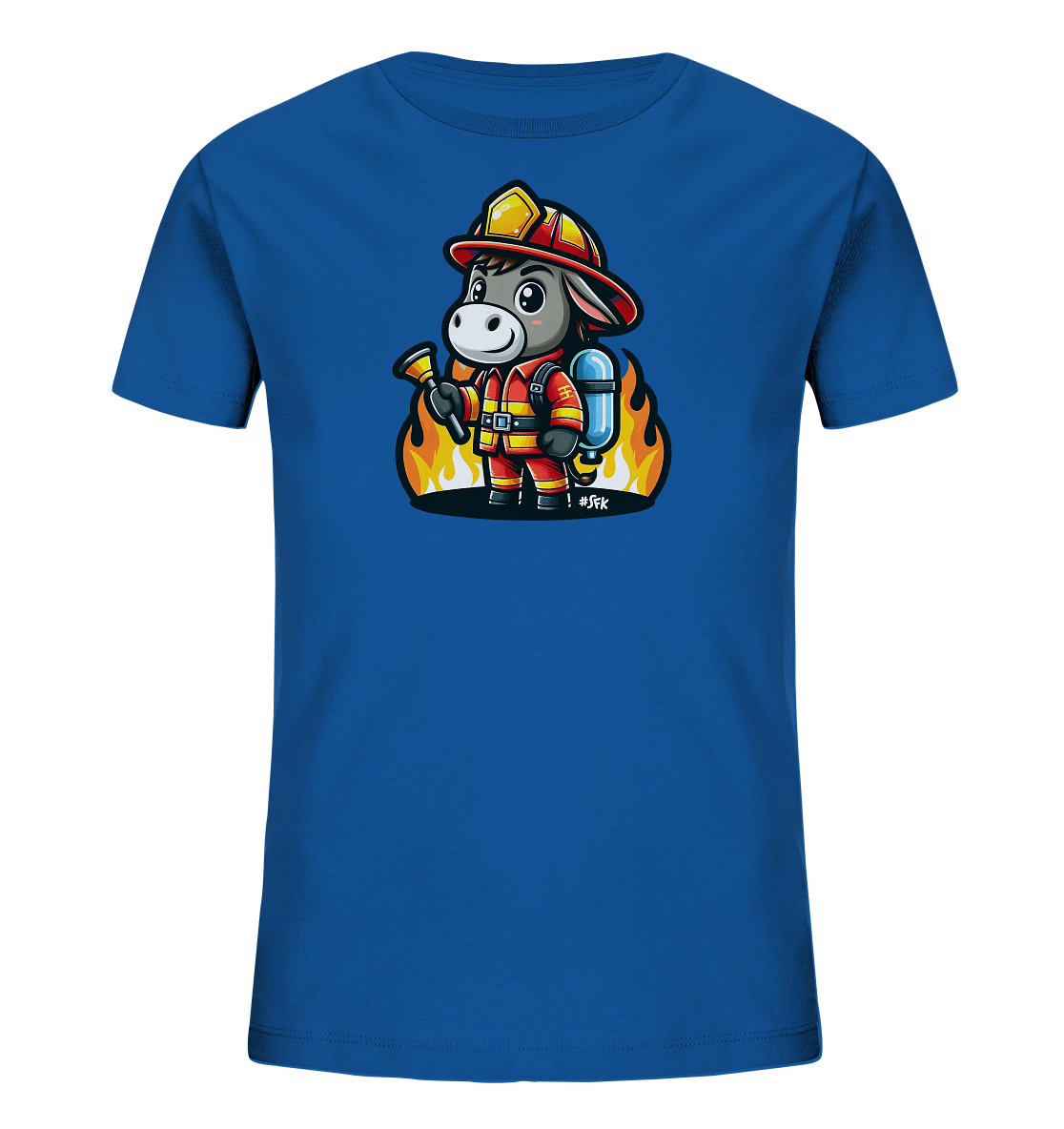Kinder T-Shirt mit ein freundlicher Esel als Feuerwehrmann mit Helm, Anzug und Schlauch