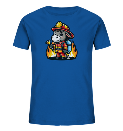 Kinder T-Shirt mit ein freundlicher Esel als Feuerwehrmann mit Helm, Anzug und Schlauch