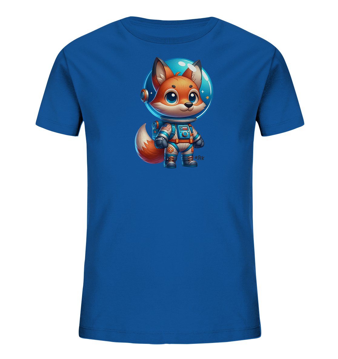 Onlineshop Shirts fuer Kinder - Das Bild zeigt ein leuchtend blaues Kinder-T-Shirt mit einem suessen Aufdruck. Der Aufdruck zeigt einen cartoonartigen Fuchs, der einen Astronautenanzug traegt. Der Fuchs hat einen grossen Helm und steht aufrecht, bereit fuer ein Weltraumabenteuer. Dieses Motiv ist verspielt und fantasievoll gestaltet.
