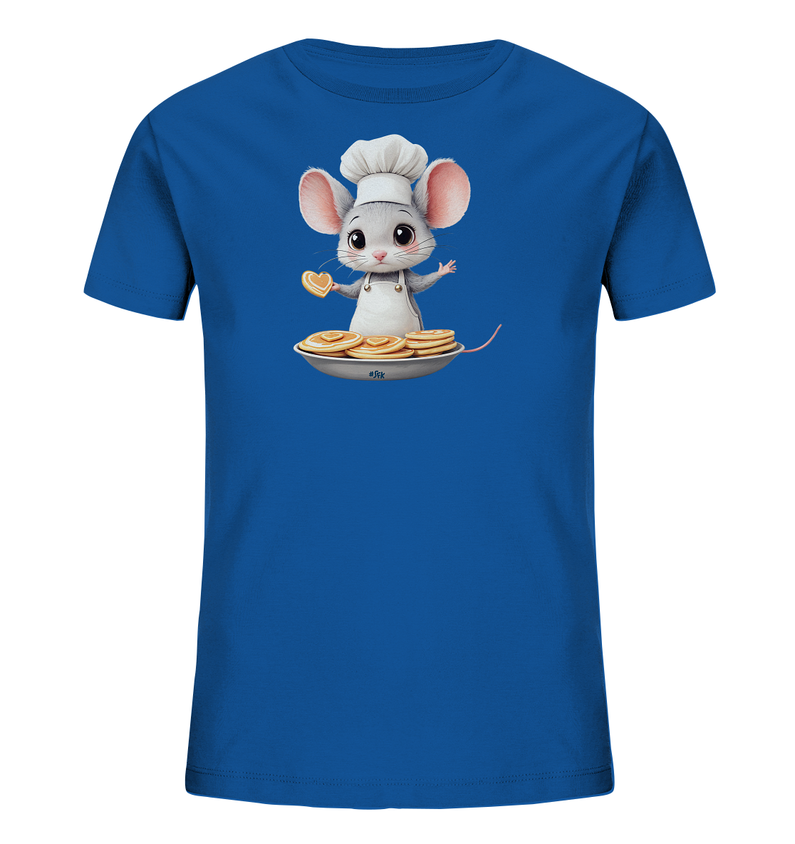 Onlineshop Shirts fuer Kinder - Das Bild zeigt ein koenigsblaues Kinder-T-Shirt mit einem niedlichen Maeusemotiv. Die Maus traegt eine Kochmuetze und Schuerze und haelt einen herzfoermigen Pfannkuchen. Sie steht auf einem Teller voller goldener Pfannkuchen, was dem Design eine verspielte Note verleiht.