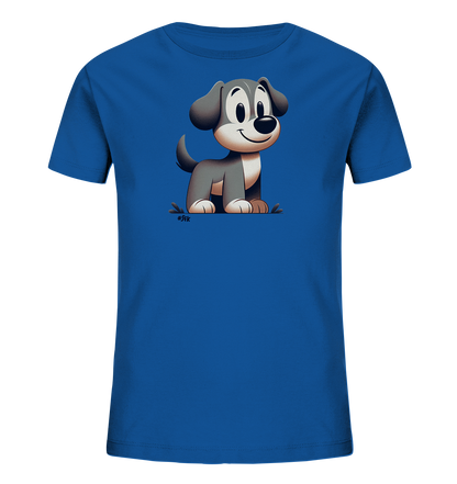 Onlineshop Shirts fuer Kinder - Das Bild zeigt ein blaues T-Shirt mit einer niedlichen, cartoonhaften Darstellung eines jungen Hundes. Der Hund hat graues Fell mit weissen Pfoten und Brust und sitzt laechelnd. Seine Augen sind gross und freundlich, und seine Ohren haengen leicht herunter. Das Design ist einfach und ansprechend fuer Kinder.