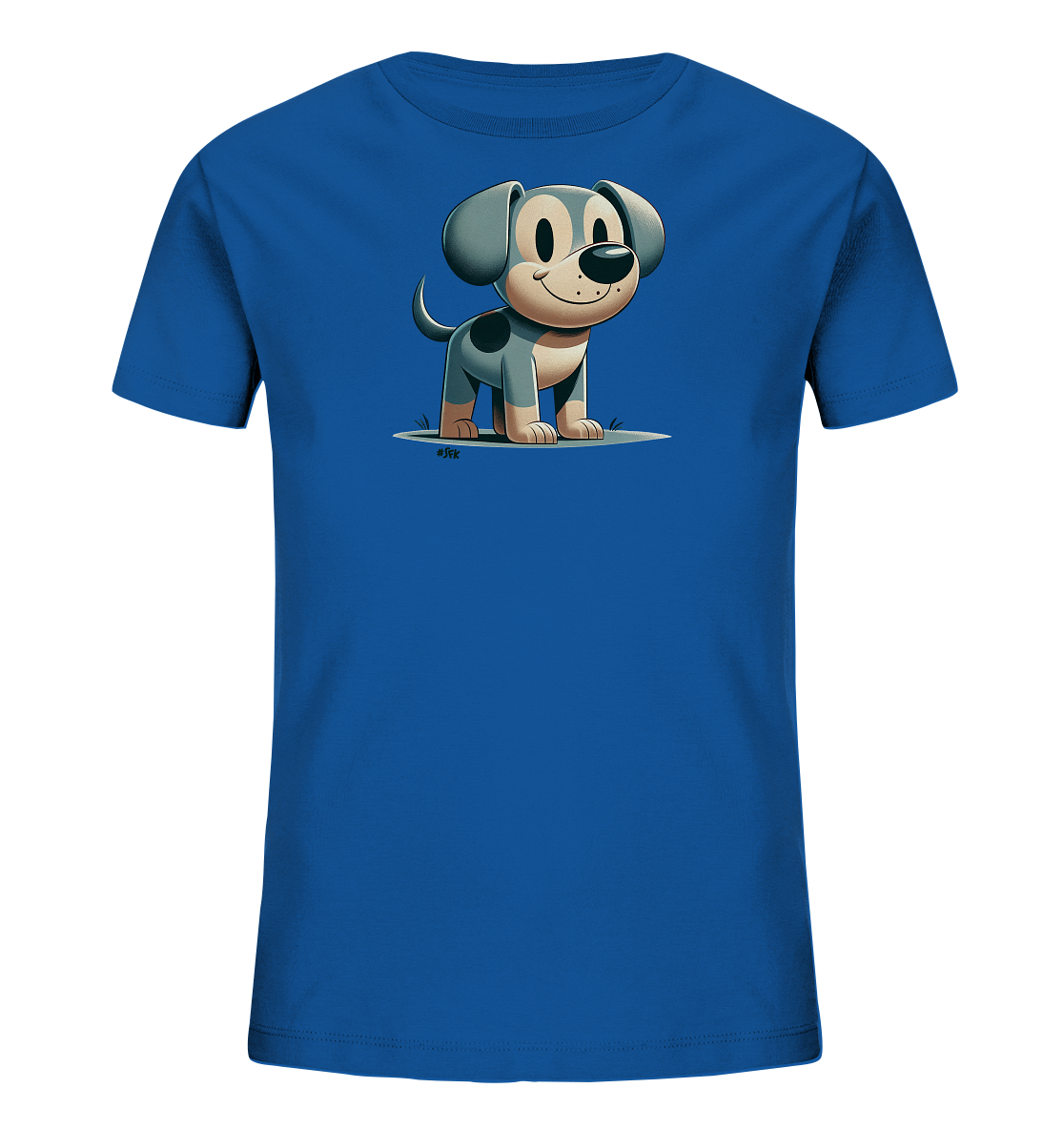 Onlineshop Shirts fuer Kinder - Dieses blaue T-Shirt fuer Kinder zeigt eine niedliche, cartoonhafte Illustration eines Hundes auf der Vorderseite. Der Hund hat graues Fell mit dunkleren Flecken, grosse Ohren und ein breites Laecheln. Er steht auf einer kleinen Grasflaeche und blickt nach vorne. Das Design ist freundlich und ansprechend gestaltet.