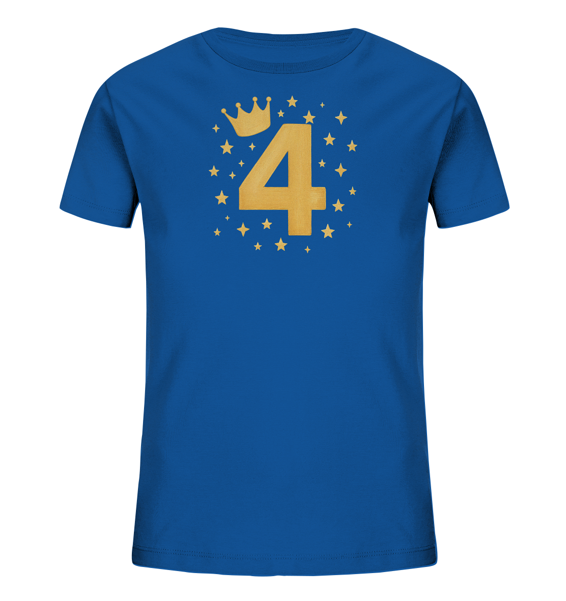 Onlineshop Shirts fuer Kinder - Das Bild zeigt ein blaues T-Shirt fuer Kinder. Auf der Vorderseite ist die grosse goldene Zahl '4' abgebildet. Über der Zahl befindet sich eine goldene Krone. Das Motiv wird von kleinen goldenen Sternen umrahmt.