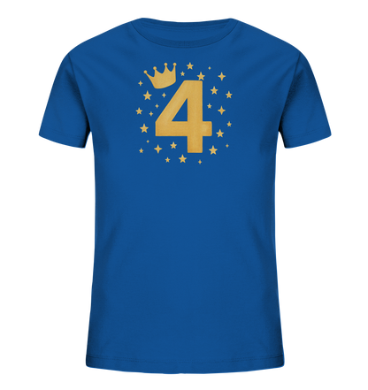 Onlineshop Shirts fuer Kinder - Das Bild zeigt ein blaues T-Shirt fuer Kinder. Auf der Vorderseite ist die grosse goldene Zahl '4' abgebildet. Über der Zahl befindet sich eine goldene Krone. Das Motiv wird von kleinen goldenen Sternen umrahmt.