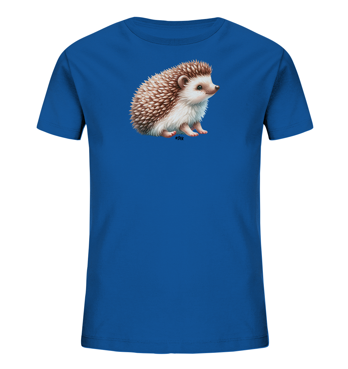 Onlineshop Shirts fuer Kinder - Das Bild zeigt ein blaues T-Shirt mit einer naturgetreuen Abbildung eines Igels auf der Vorderseite. Der Igel ist detailliert dargestellt, mit braunen und beigen Stacheln sowie einem freundlichen Gesichtsausdruck. Er sitzt aufrecht und blickt zur Seite, was dem Design eine lebendige Note verleiht. Das Motiv ist prominent auf der Mitte des Shirts platziert.