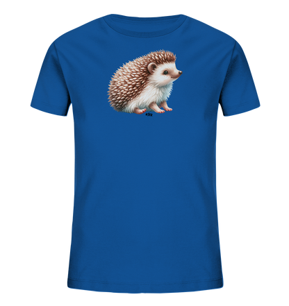 Onlineshop Shirts fuer Kinder - Das Bild zeigt ein blaues T-Shirt mit einer naturgetreuen Abbildung eines Igels auf der Vorderseite. Der Igel ist detailliert dargestellt, mit braunen und beigen Stacheln sowie einem freundlichen Gesichtsausdruck. Er sitzt aufrecht und blickt zur Seite, was dem Design eine lebendige Note verleiht. Das Motiv ist prominent auf der Mitte des Shirts platziert.