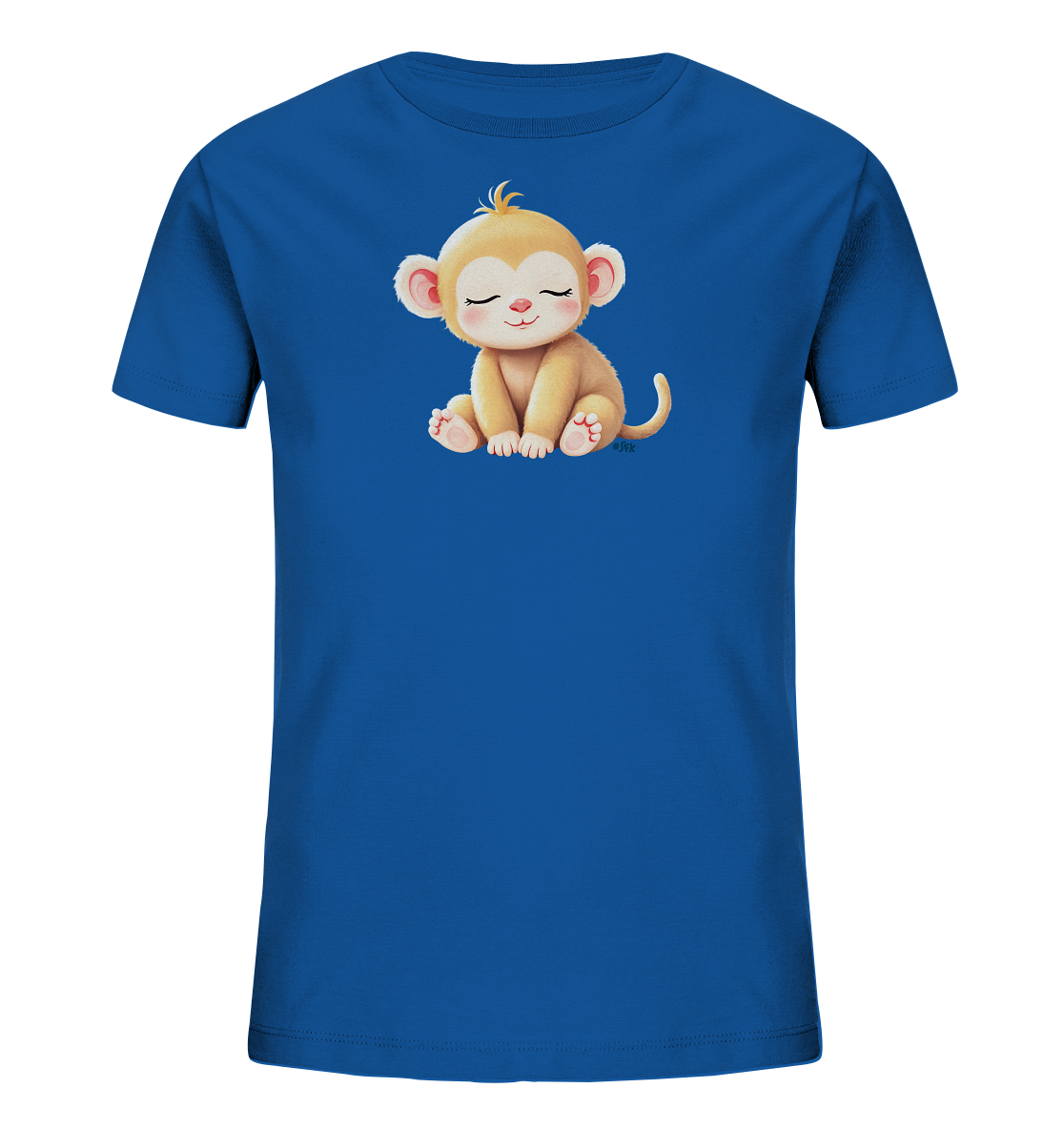 Onlineshop Shirts fuer Kinder - Das Bild zeigt ein koenigsblaues Kinder-T-Shirt, auf dem ein bezaubernder, hellbrauner Baby-Affe abgebildet ist. Der Affe sitzt friedlich da, mit geschlossenen Augen und einem sanften Laecheln. Seine rosafarbenen Ohren und Fuesse sind ebenfalls sichtbar. Das Gesamtbild wirkt sehr ruhig und ansprechend fuer Kinder.