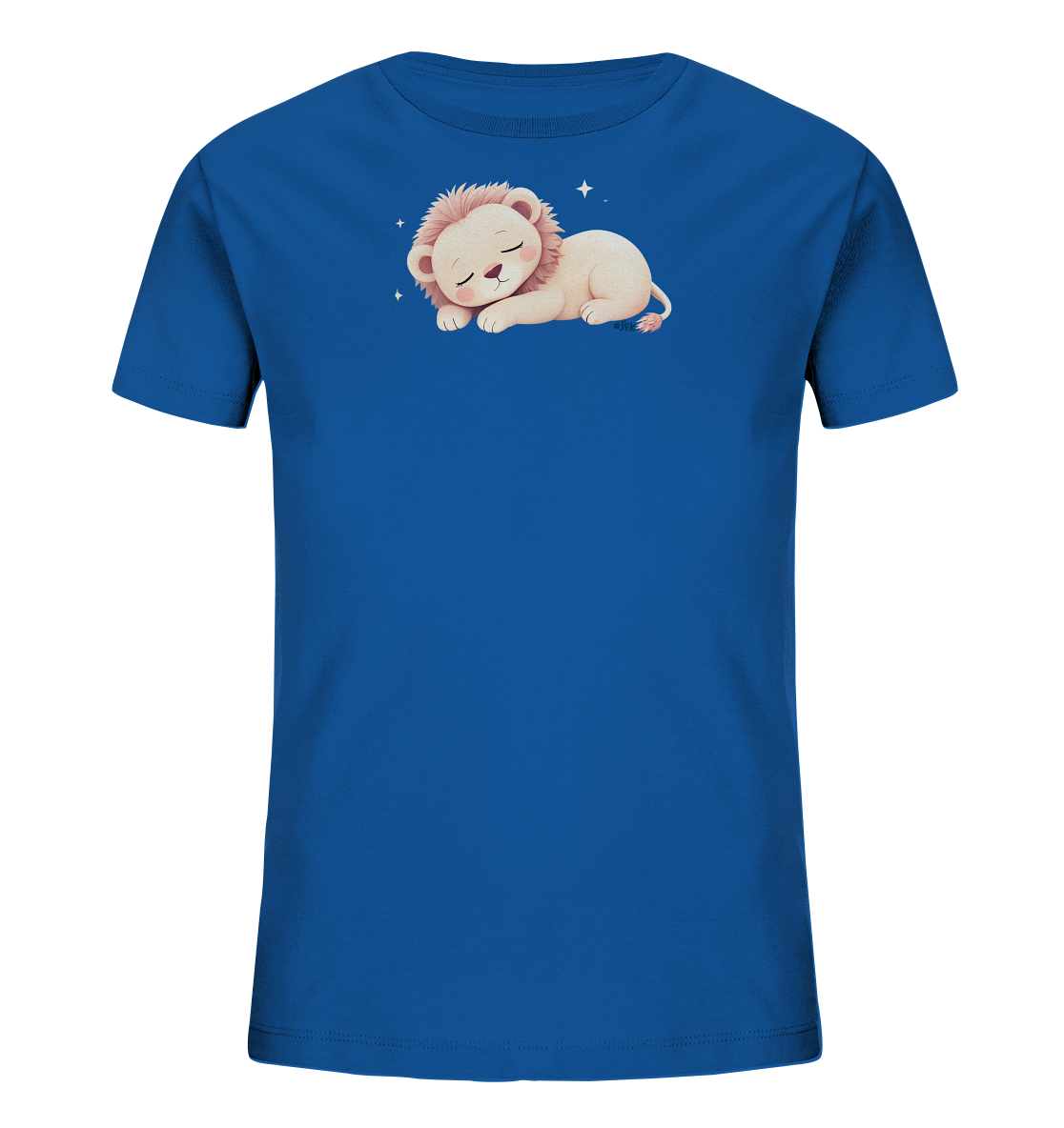 Onlineshop Shirts fuer Kinder - Das Bild zeigt ein koenigsblaues Kinder-T-Shirt vor einem schwarzen Hintergrund. Auf der Vorderseite ist eine suesse Illustration eines schlafenden Loewenbabys zu sehen. Der Loewe hat ein helles Fell und eine rosa Maehne, eingerollt in friedlicher Haltung, umgeben von kleinen weissen Sternen. Das Design wirkt beruhigend und liebevoll, passend fuer kleine Kinder.