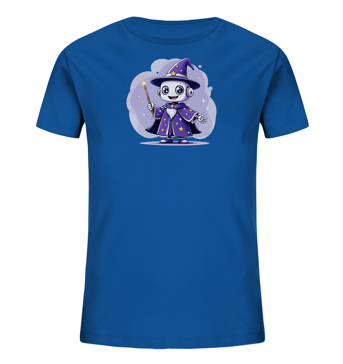 Onlineshop Shirts für Kinder - Das Bild zeigt ein blaues Kinder-T-Shirt mit einer charmanten Illustration eines Roboters. Der Roboter ist als Magier gekleidet, trägt einen spitzen Hut und einen Umhang, der mit gelben Sternen verziert ist. Er hält einen goldenen Zauberstab in der Hand und steht vor einer pastellfarbenen, wolkenähnlichen Kulisse mit zusätzlichen Sternen. Dieses verspielte und farbenfrohe Design eignet sich hervorragend für Kinder.