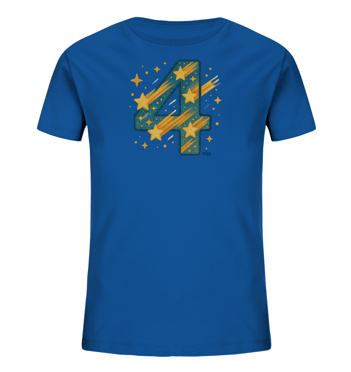 Onlineshop Shirts fuer Kinder - Das Bild zeigt ein blaues T-Shirt fuer Kinder mit einem auffaelligen grafischen Druck. Im Zentrum befindet sich eine grosse Zahl '4', die mit gelben Sternen und dynamischen Streifen gefuellt ist. Kleinere Sterne und Punkte umgeben die Zahl und verstaerken das kosmische Thema. Das Design wirkt lebhaft und verspielt, ideal fuer junge Weltraum-Fans.